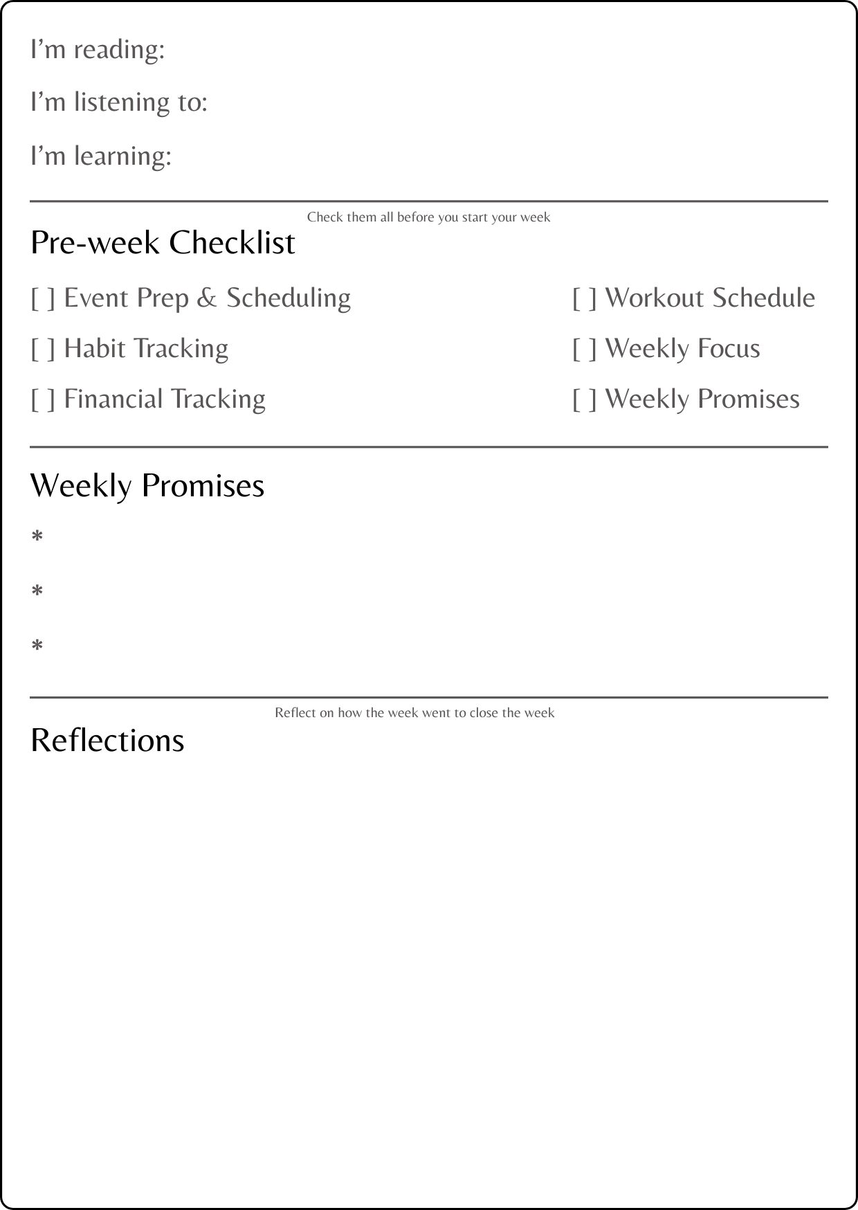 Weekly Planning Checklist, Promises, Reflections